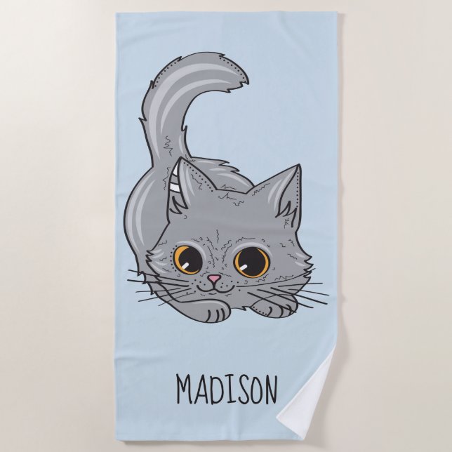 Cute Kitten custom name & colour beach towel (Front)
