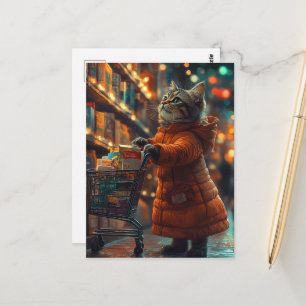 Cute Kitten dressed in Orange Shopping Groceries Postcard