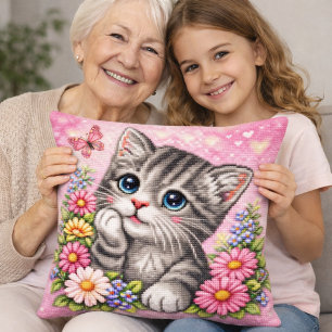 Cute Kitten Floral Cross Stitch Throw Pillow