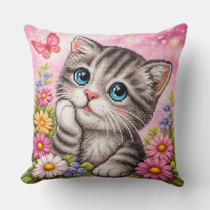 Cute Kitten Floral Cross Stitch Throw Pillow