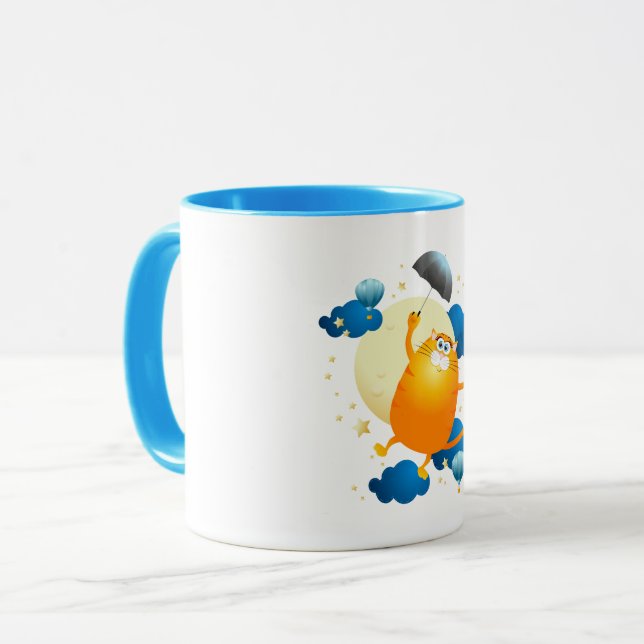 Cute Kitten Flying with Umbrella Mug (Front Left)