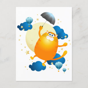 Cute Kitten Flying with Umbrella Postcard