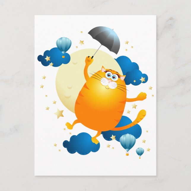 Cute Kitten Flying with Umbrella Postcard (Front)