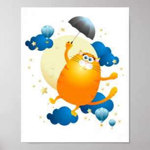 Cute Kitten Flying with Umbrella Poster