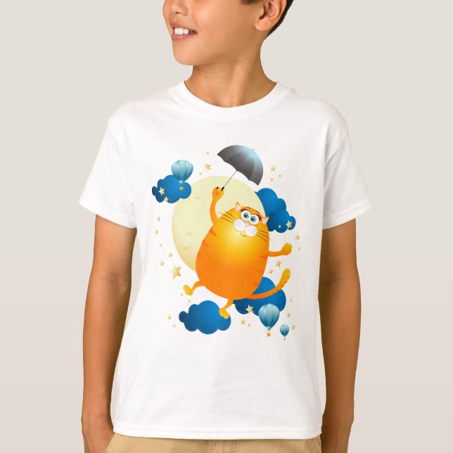 Cute Kitten Flying with Umbrella T-Shirt (Front)