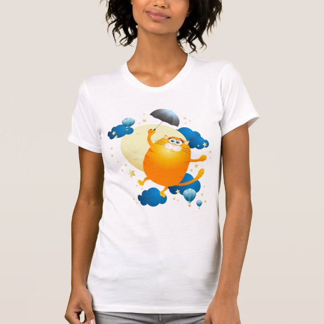 Cute Kitten Flying with Umbrella T-Shirt (Front)