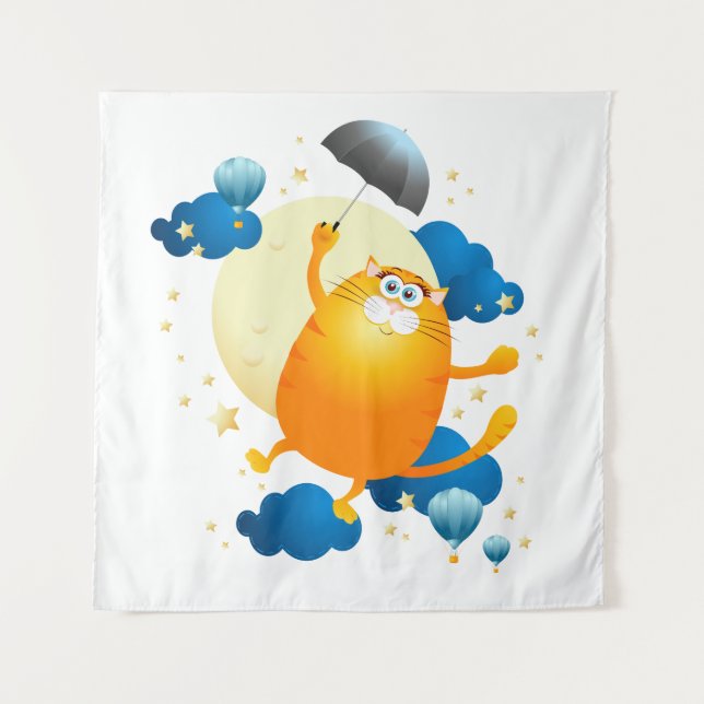 Cute Kitten Flying with Umbrella Tapestry (Front)