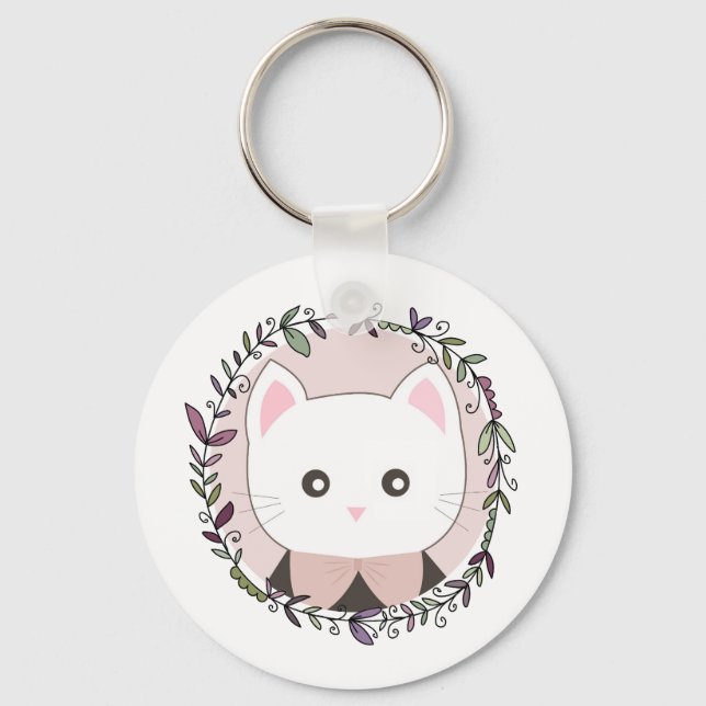 Cute Kitten Framed by Flowers Key Ring (Front)