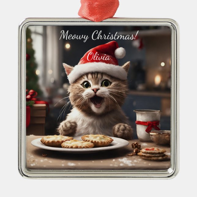 Cute Kitten Funny Santa Cat Christmas  Metal Tree Decoration (Front)