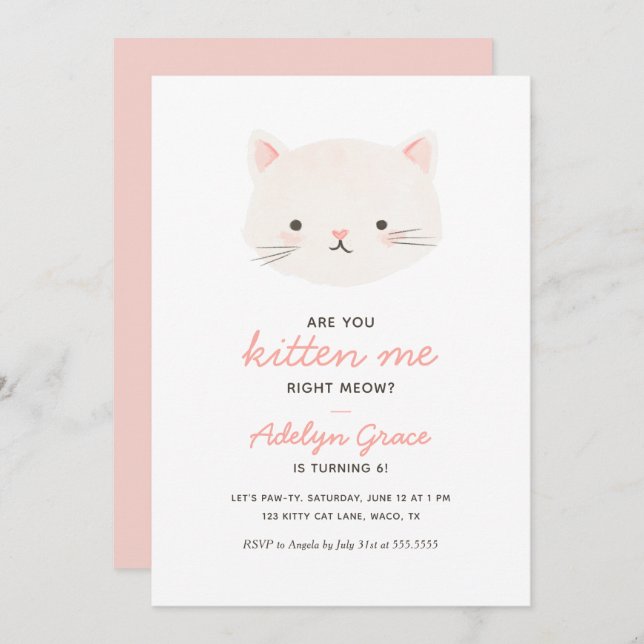 Cute Kitten Girl Birthday Invitation (Front/Back)