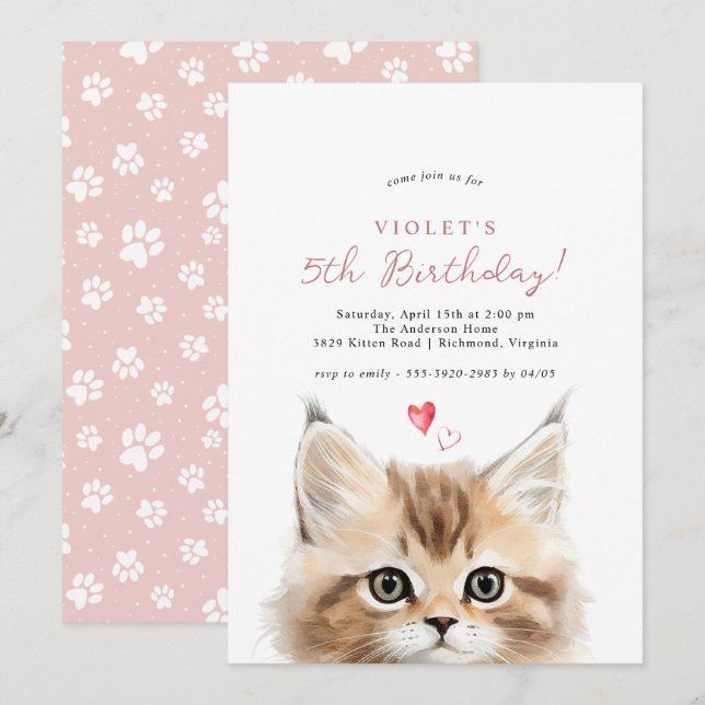 Cute Kitten | Girl's Pink Kitty Cat Birthday Party Invitation (Front/Back)