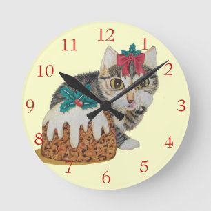 cute kitten gray tabby licking paw christmas round clock