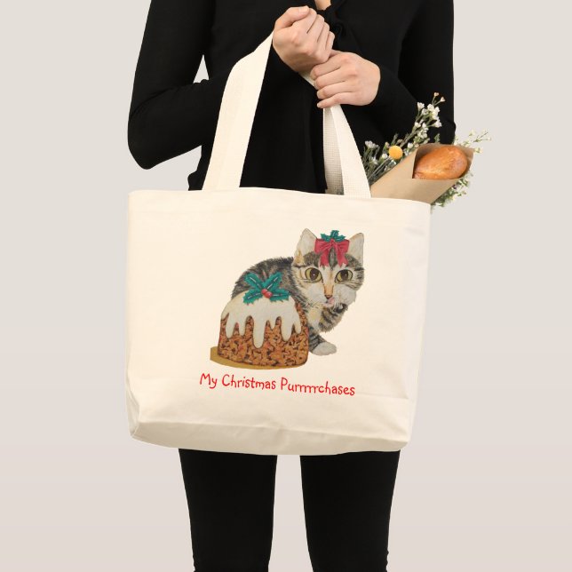 cute kitten grey tabby cat dressed for christmas large tote bag (Front (Product))