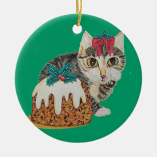 cute kitten grey tabby licking paw christmas ceramic tree decoration