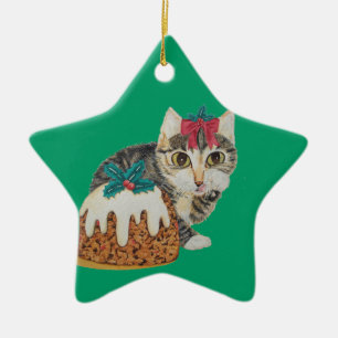 cute kitten grey tabby licking paw christmas ceramic tree decoration