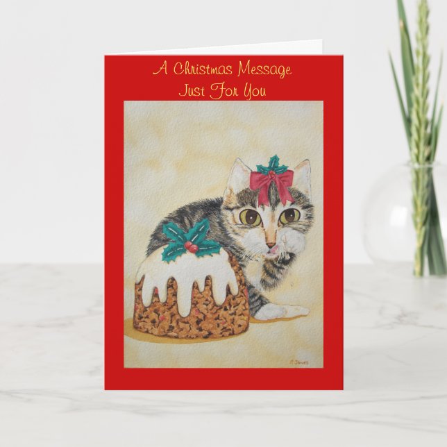 cute kitten grey tabby licking paw christmas holiday card (Front)