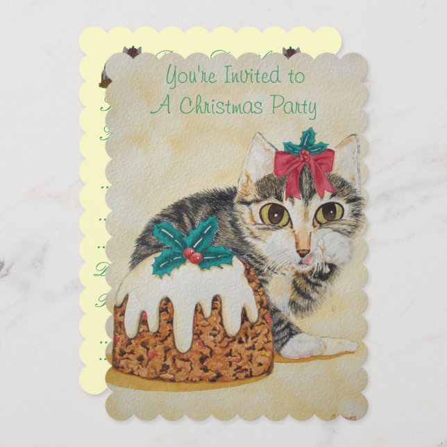 cute kitten grey tabby licking paw christmas invitation (Front/Back)