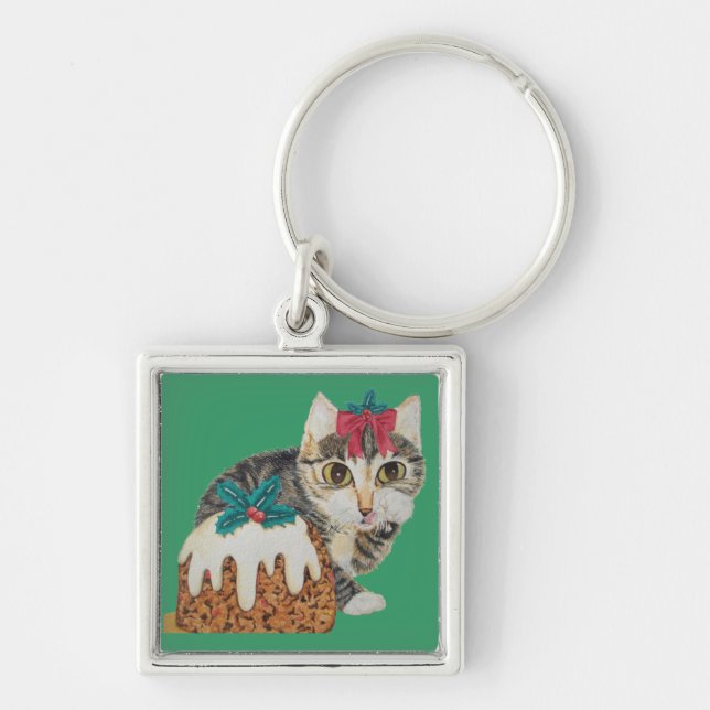 cute kitten grey tabby licking paw christmas key ring (Front)