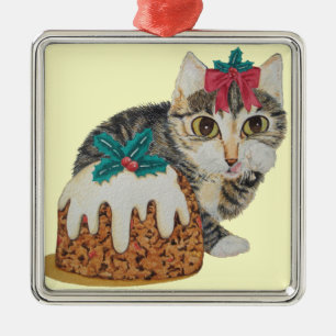 cute kitten grey tabby licking paw christmas metal tree decoration