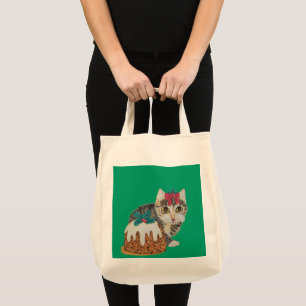 cute kitten grey tabby licking paw christmas tote bag