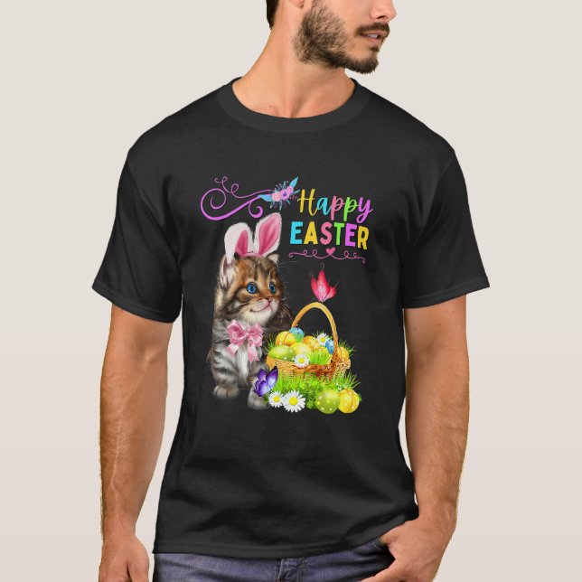Cute Kitten Happy Easter Cat Bunny And Eggs Kids W T-Shirt (Front)
