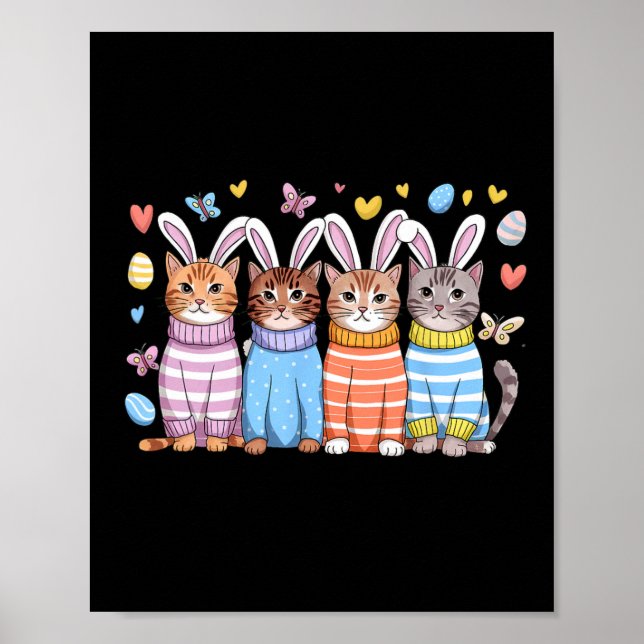 Cute Kitten Happy Easter Cat Bunny Ears And Eggs K Poster (Front)