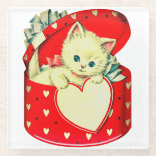 Cute Kitten Heart Vintage Cat Retro Kitty Glass Coaster