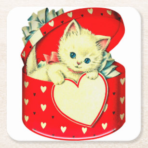 Cute Kitten Heart Vintage Cat Retro Kitty Square Paper Coaster