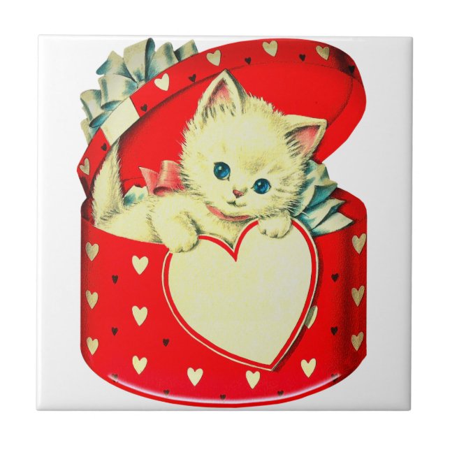 Cute Kitten Heart Vintage Cat Retro Kitty Tile (Front)