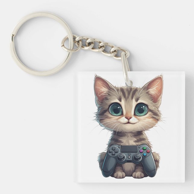 Cute Kitten Holding Game Controller Gamer Cat Key Ring (Front)