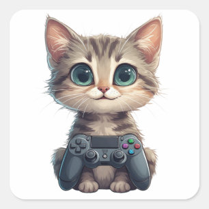 Cute Kitten Holding Game Controller Gamer Cat Square Sticker