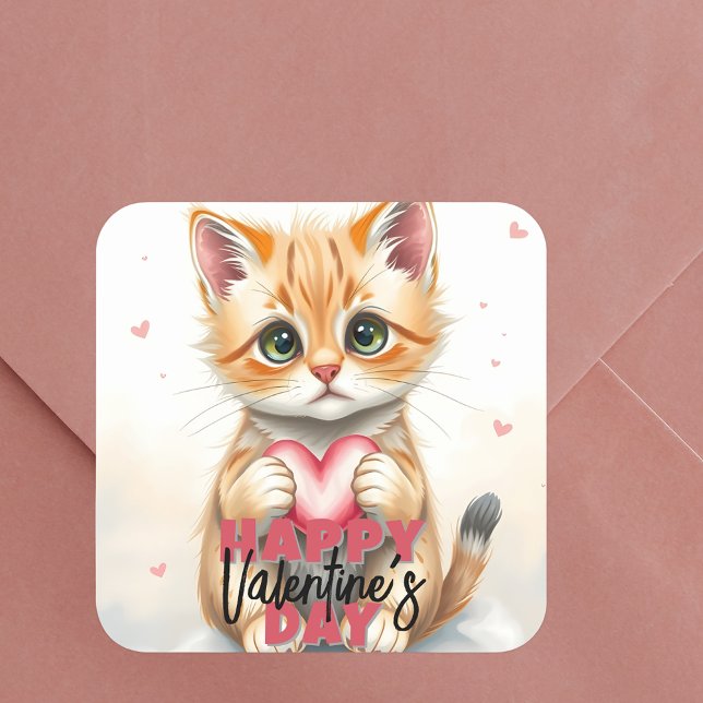 Cute Kitten Holding Pink Heart Valentine's Day Square Sticker (Creator Uploaded)
