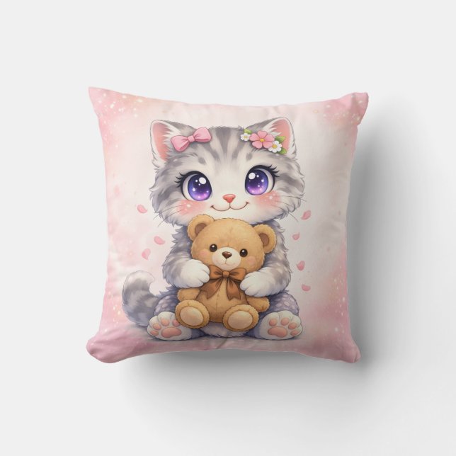 Cute Kitten Hugging Teddy Bear Square Cushion (Front)