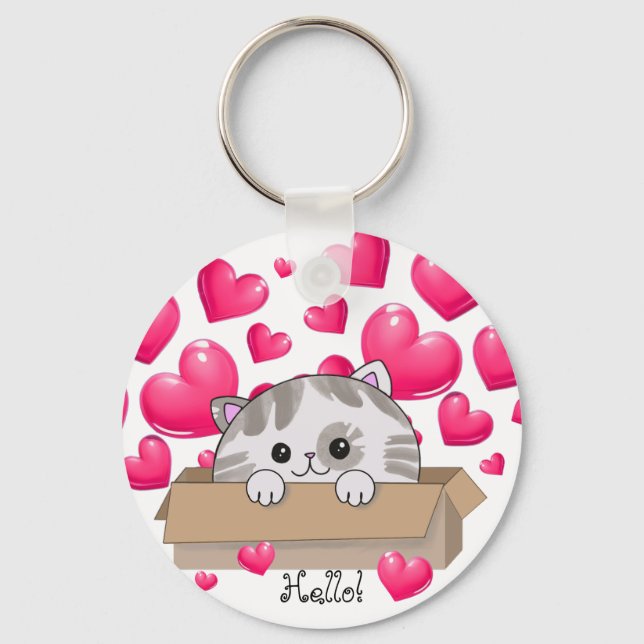Cute kitten in a box and pink hearts key ring (Front)