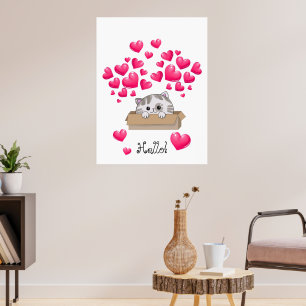 Cute kitten in a box and pink hearts poster