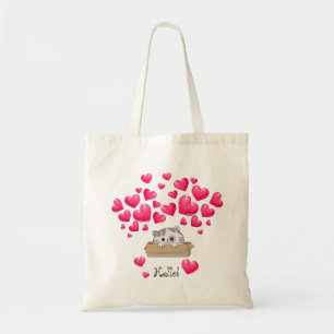 Cute kitten in a box and pink hearts tote bag