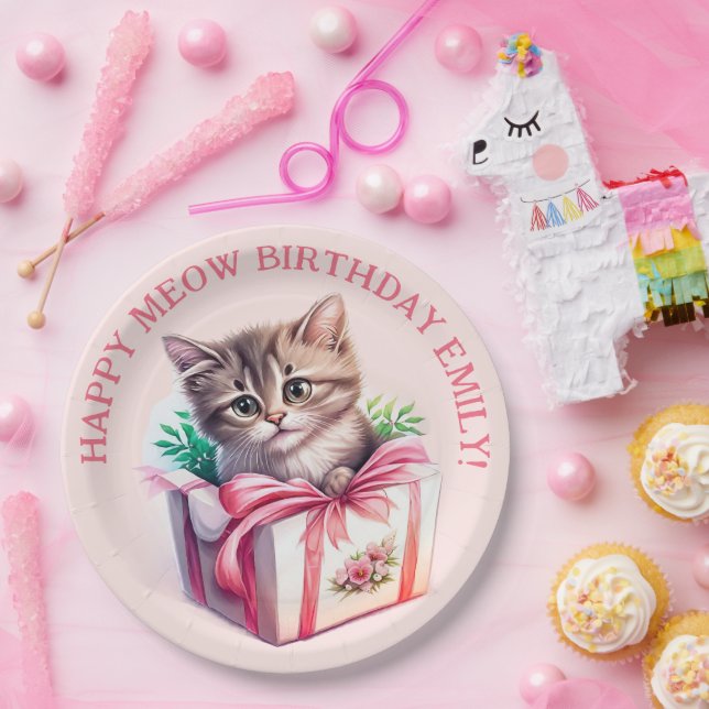 Cute Kitten in a Box Birthday Gift Paper Plate (Party)