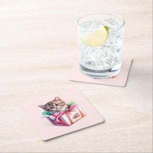 Cute Kitten in a Box Birthday Gift Square Paper Coaster