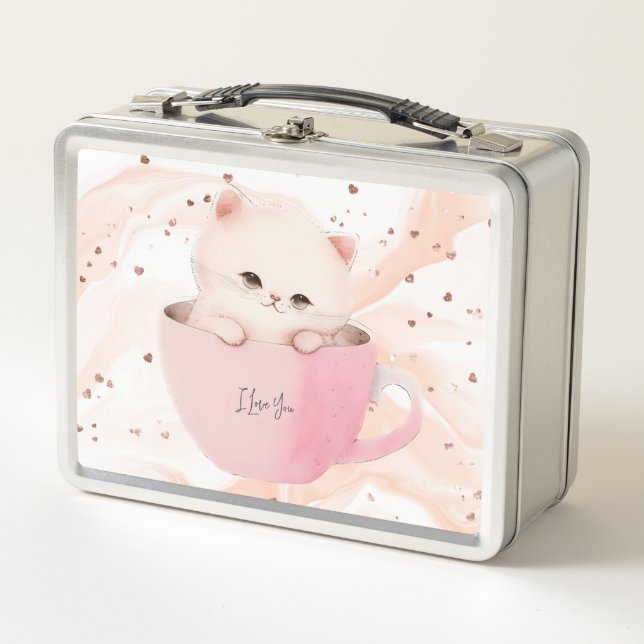 Cute Kitten in a Teacup Metal Lunch Box (Front)