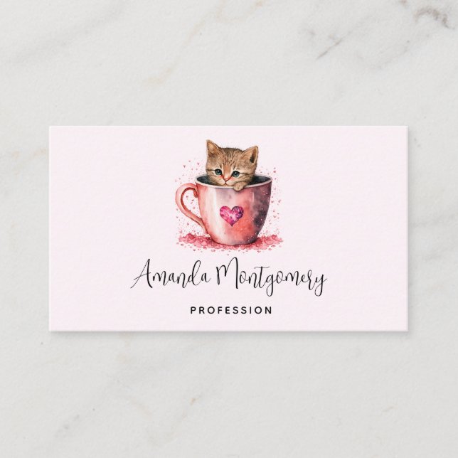 Cute Kitten in a Teacup with Hearts Business Card (Front)