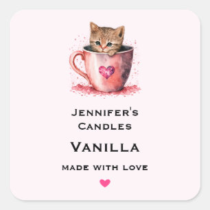 Cute Kitten in a Teacup with Hearts Candle Craft Square Sticker