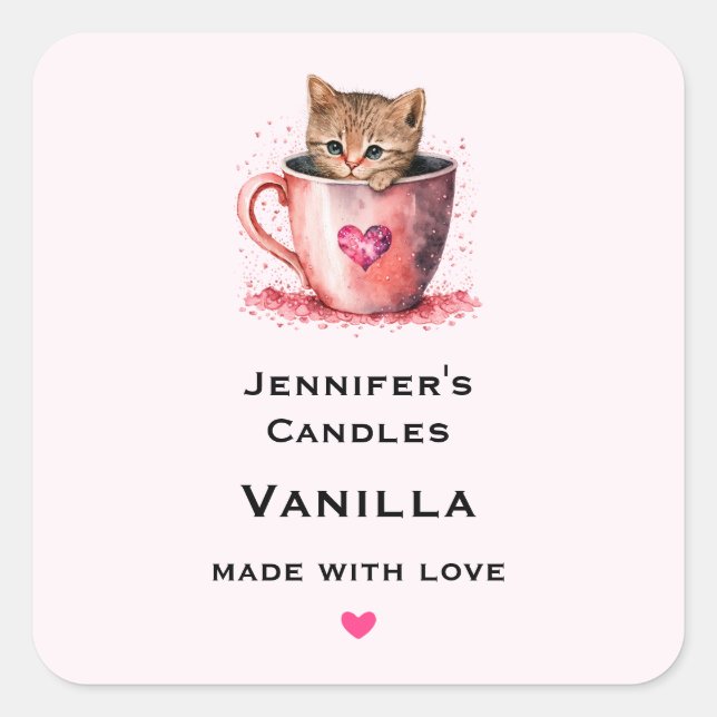 Cute Kitten in a Teacup with Hearts Candle Craft Square Sticker (Front)