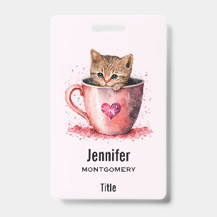 Cute Kitten in a Teacup with Hearts ID Badge