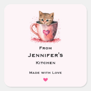 Cute Kitten in a Teacup with Hearts Kitchen Square Sticker