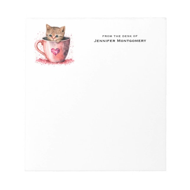 Cute Kitten in a Teacup with Hearts Notepad (Front)