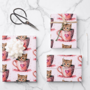 Cute Kitten in a Teacup with Hearts Pattern Wrapping Paper Sheet
