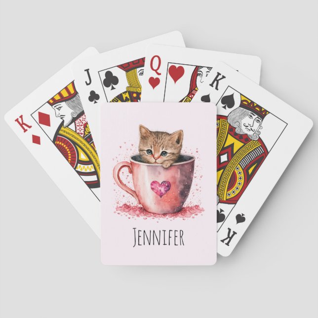Cute Kitten in a Teacup with Hearts Playing Cards (Back)