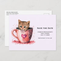 Cute Kitten in a Teacup with Hearts Save the Date