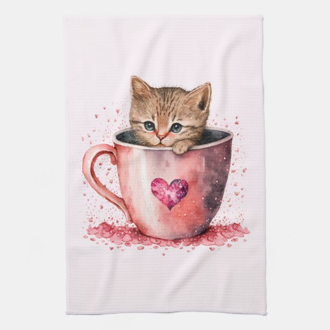 Cute Kitten in a Teacup with Hearts Tea Towel (Vertical)