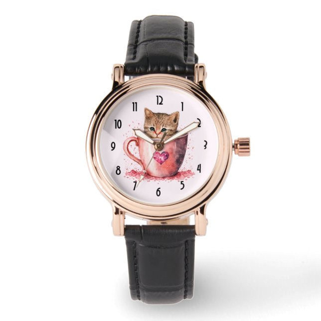 Cute Kitten in a Teacup with Hearts Watch (Front)